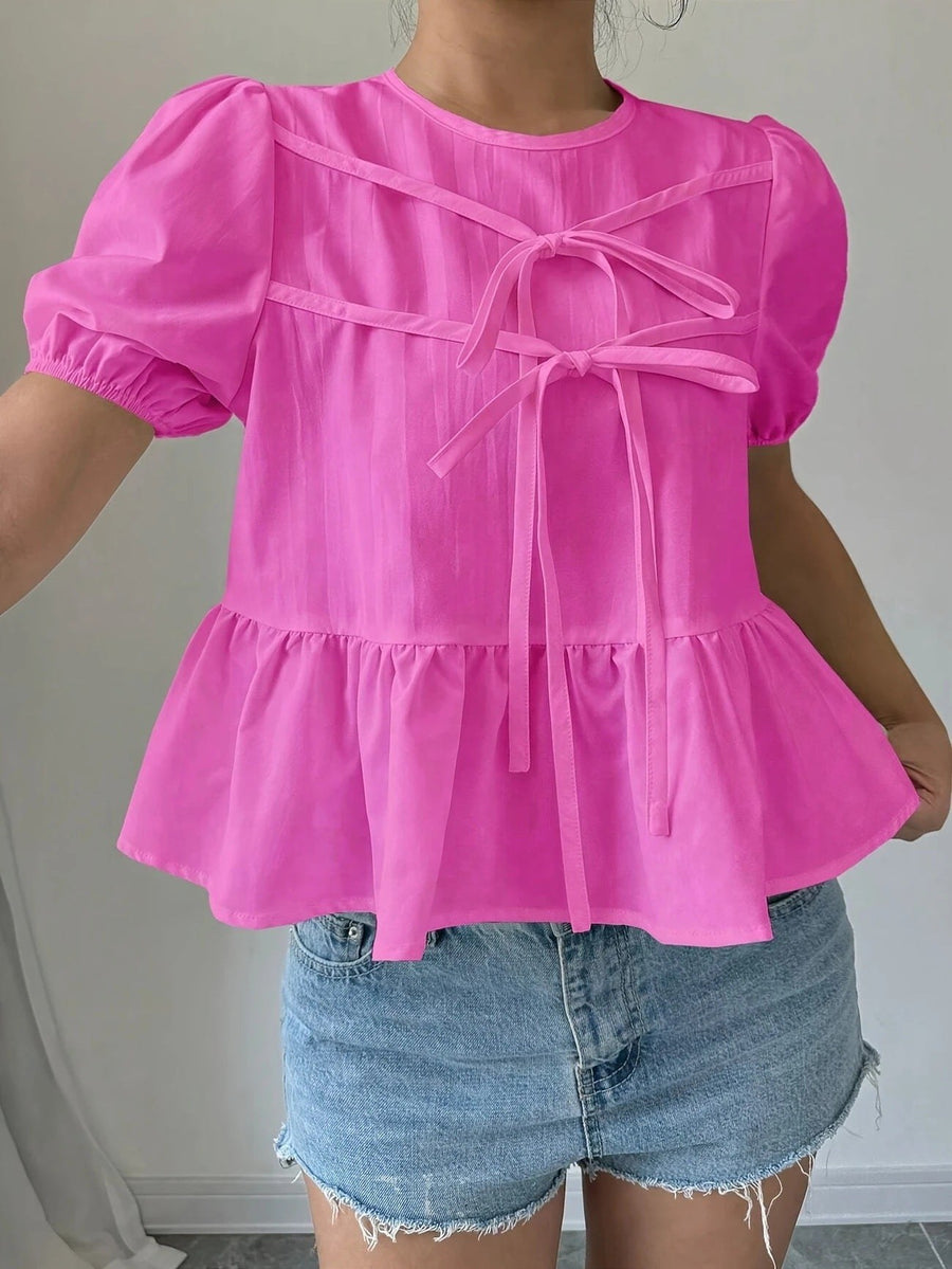 Veda Blouse with Puff Sleeve and Ruffles in Dark Pink