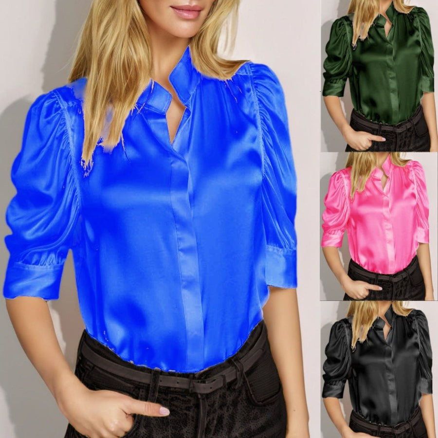 Veda Elegant Satin Blouse with Puff Sleeve