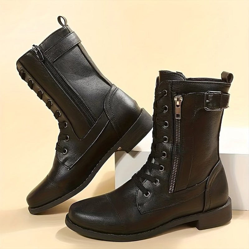 Veldara Women's Lace-Up Mid-Calf Combat Boots in Black