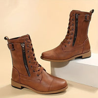 Veldara Women's Lace-Up Mid-Calf Combat Boots in Brown