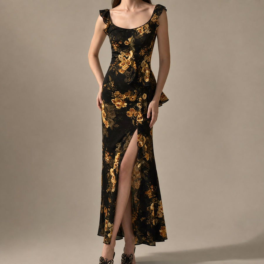 Veldris Women's Wedding Guest Floral Maxi Dress in Black