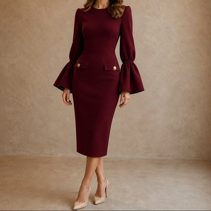Velmara Women's Bell Sleeve Bodycon Midi Dress in Burgundy