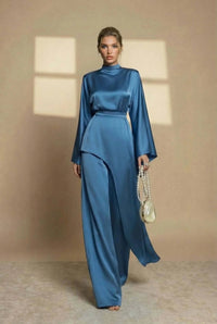 Velmonde Women's Two Piece Set Wide Leg Pants in Blue