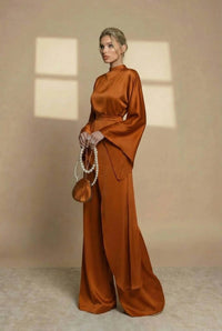 Velmonde Women's Two Piece Set Wide Leg Pants in Brown