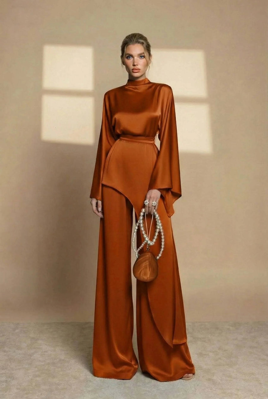 Velmonde Women's Two Piece Set Wide Leg Pants in Brown