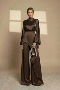 Velmonde Women's Two Piece Set Wide Leg Pants in Coffee Brown