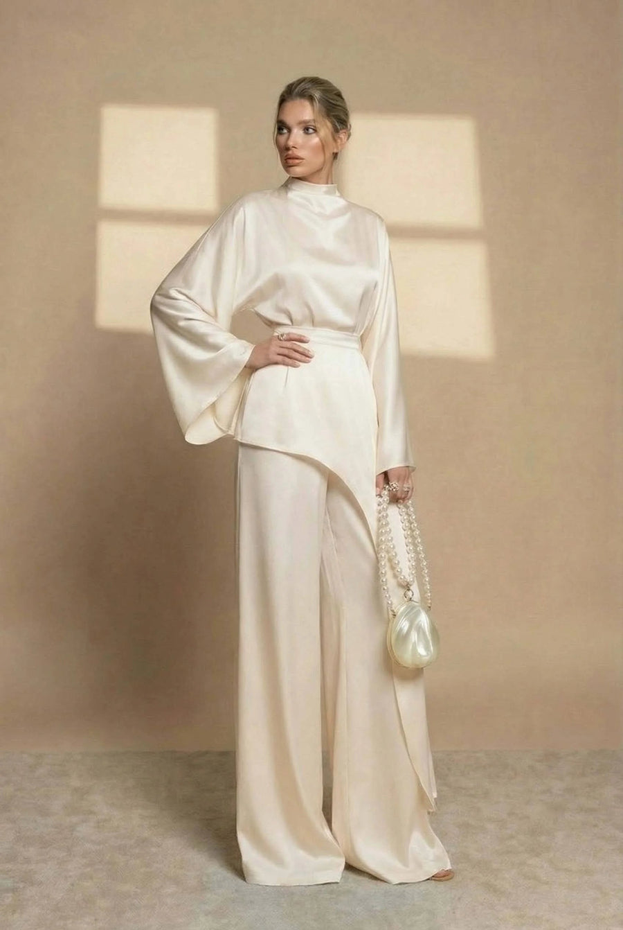Velmonde Women's Two Piece Set Wide Leg Pants in Cream