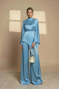 Velmonde Women's Two Piece Set Wide Leg Pants in Light Blue