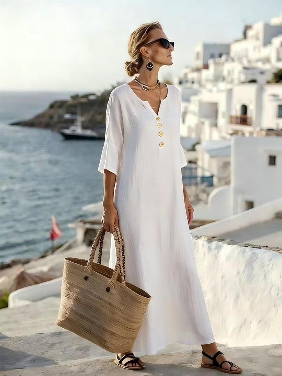 Veltara Women's Linen Summer Maxi Dress in White