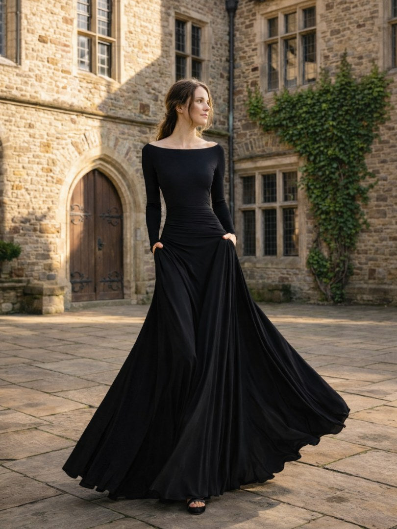Veltrice Women's Long Sleeve Off-Shoulder Maxi Dress in Black