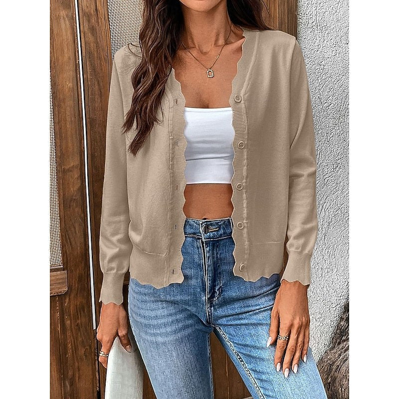 Veltrine Women's Knit Cardigan Scalloped Trim in Khaki