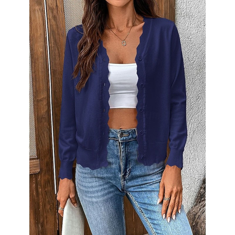 Veltrine Women's Knit Cardigan Scalloped Trim in Navy Blue