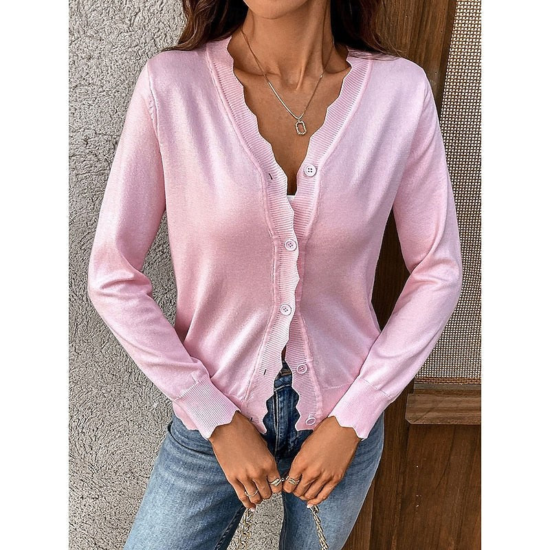 Veltrine Women's Knit Cardigan Scalloped Trim in Pink