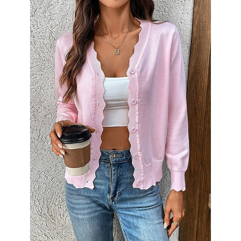 Veltrine Women's Knit Cardigan Scalloped Trim in Pink