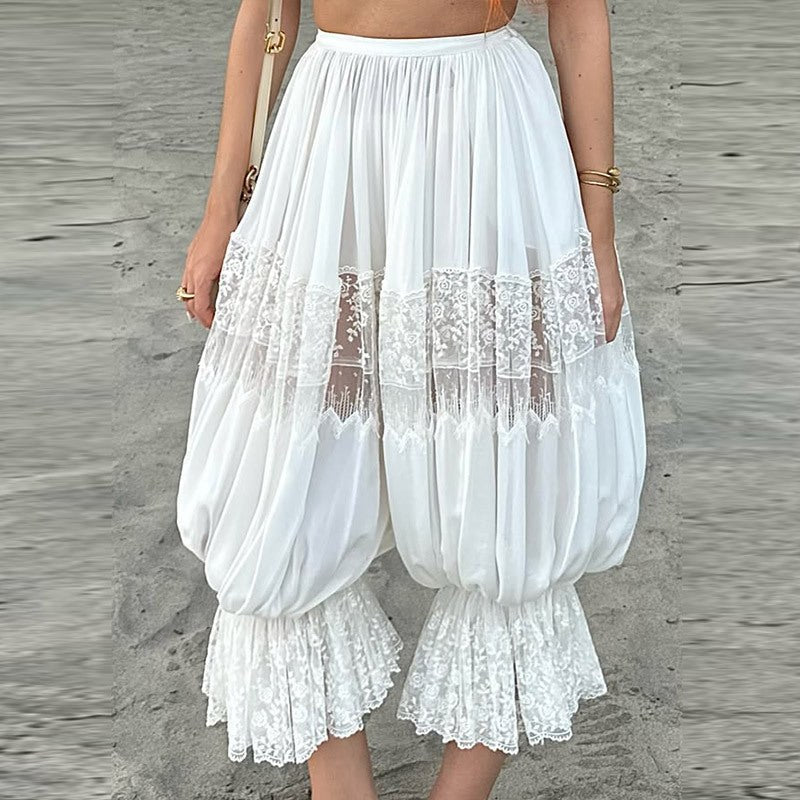 Vera Airy Lace Harem Trousers with Elastic Waist in White