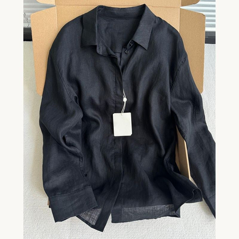 Vera Casual Linen Blouse in Black