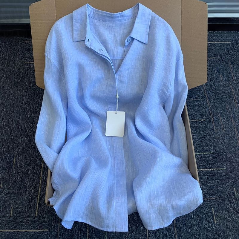 Vera Casual Linen Blouse in Light Blue