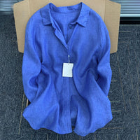 Vera Casual Linen Blouse in Navy
