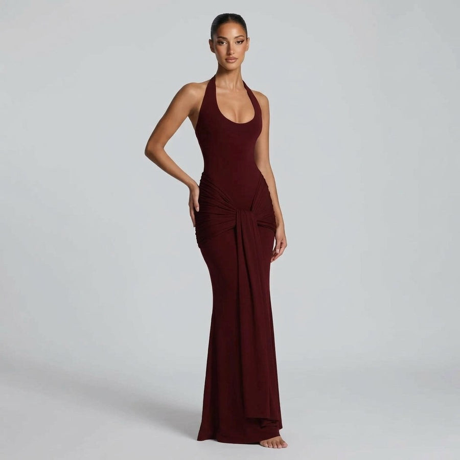 Vera Halter Knot Maxi Dress in Bordeaux