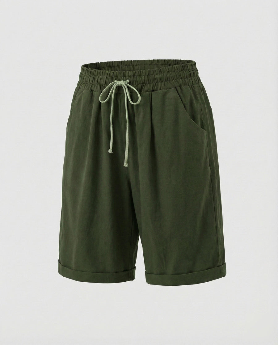 Vera Linen Blend Shorts in Olive Green