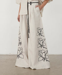 Vera Linen Trousers with Embroidery in -
