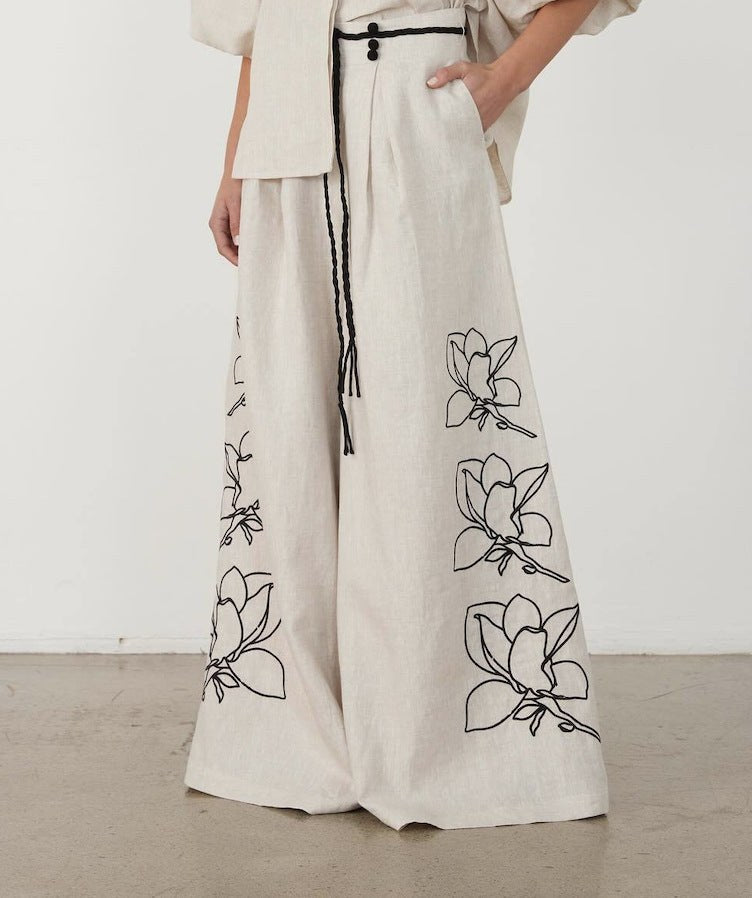 Vera Linen Trousers with Embroidery in -