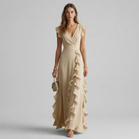 Vera Ruffle Wrap Maxi Dress in Beige