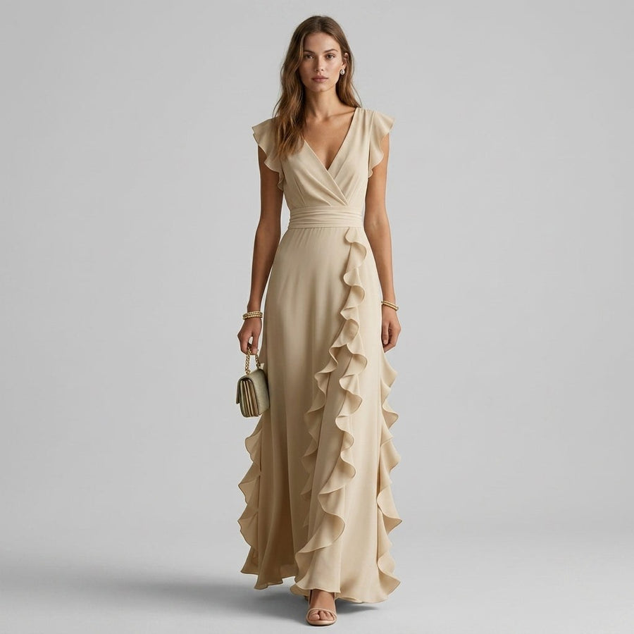 Vera Ruffle Wrap Maxi Dress in Beige