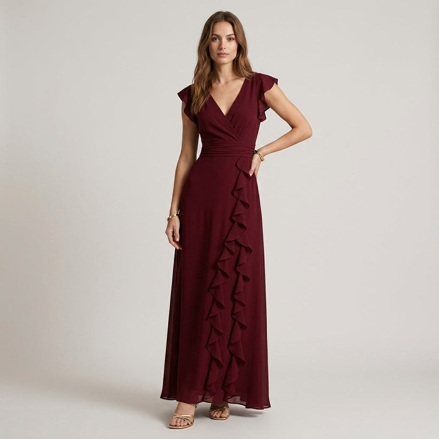 Vera Ruffle Wrap Maxi Dress in Cabernet