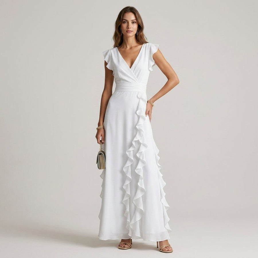 Vera Ruffle Wrap Maxi Dress in Pearl