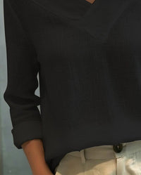 Vera Women's Asymmetric V-Neck Long Sleeve Linen Look Top in Black