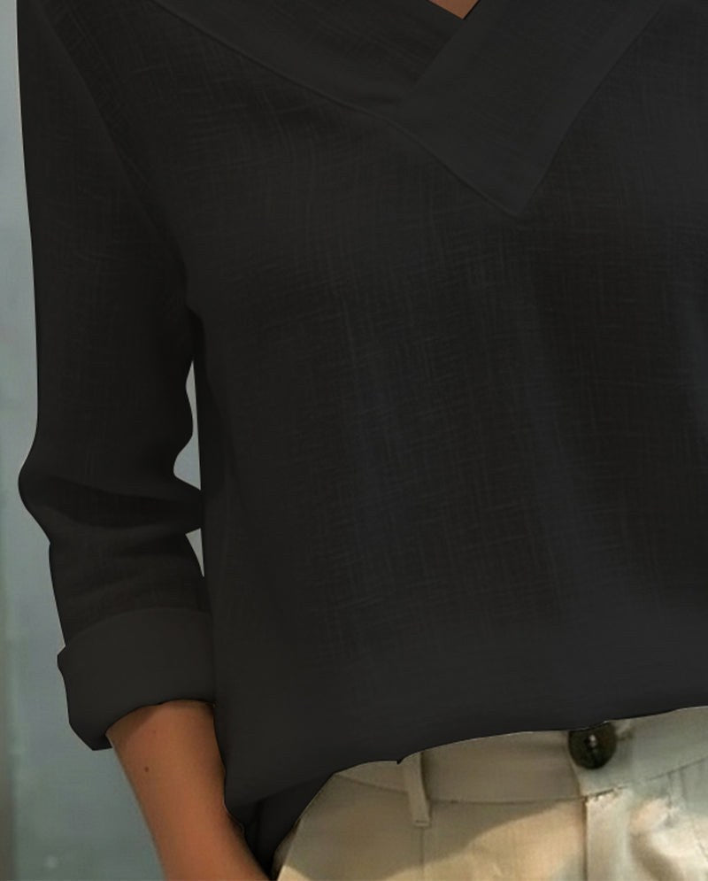 Vera Women's Asymmetric V-Neck Long Sleeve Linen Look Top in Black