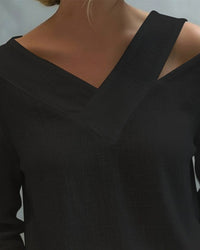 Vera Women's Asymmetric V-Neck Long Sleeve Linen Look Top in Black