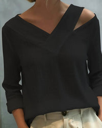 Vera Women's Asymmetric V-Neck Long Sleeve Linen Look Top in Black
