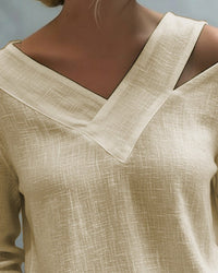 Vera Women's Asymmetric V-Neck Long Sleeve Linen Look Top in Khaki