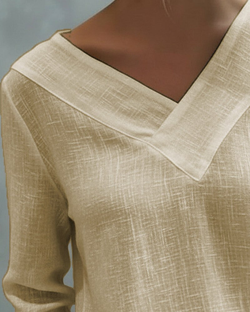 Vera Women's Asymmetric V-Neck Long Sleeve Linen Look Top in Khaki