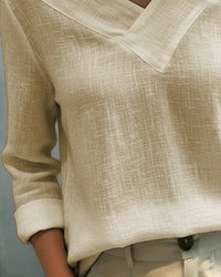 Vera Women's Asymmetric V-Neck Long Sleeve Linen Look Top in Khaki