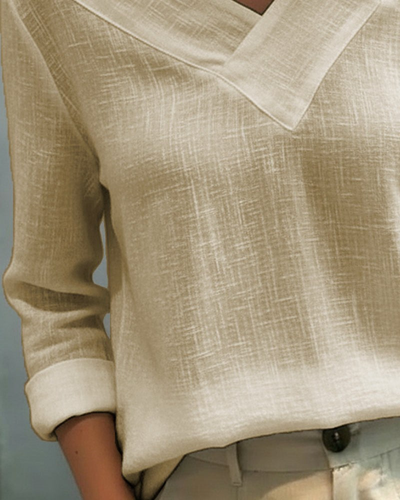 Vera Women's Asymmetric V-Neck Long Sleeve Linen Look Top in Khaki