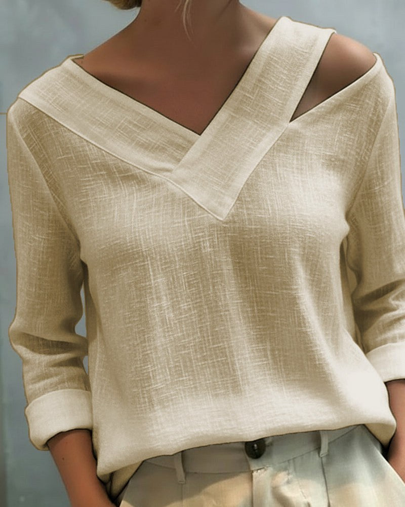 Vera Women's Asymmetric V-Neck Long Sleeve Linen Look Top in Khaki