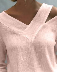 Vera Women's Asymmetric V-Neck Long Sleeve Linen Look Top in Pink