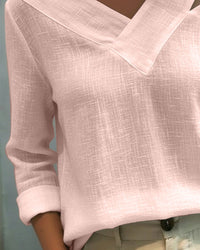 Vera Women's Asymmetric V-Neck Long Sleeve Linen Look Top in Pink
