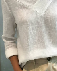 Vera Women's Asymmetric V-Neck Long Sleeve Linen Look Top in White