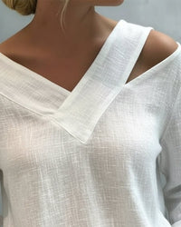Vera Women's Asymmetric V-Neck Long Sleeve Linen Look Top in White