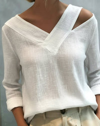 Vera Women's Asymmetric V-Neck Long Sleeve Linen Look Top in White
