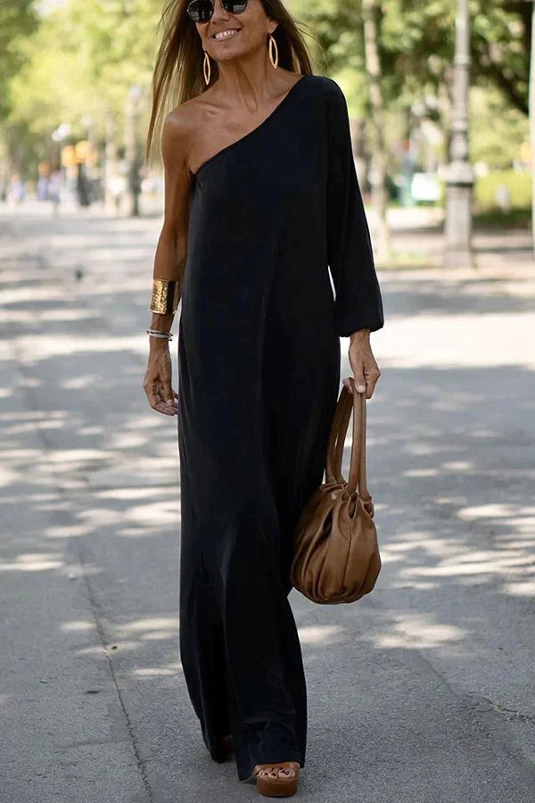 Vera Women's One Shoulder Maxi Dress with Long Sleeve in Black