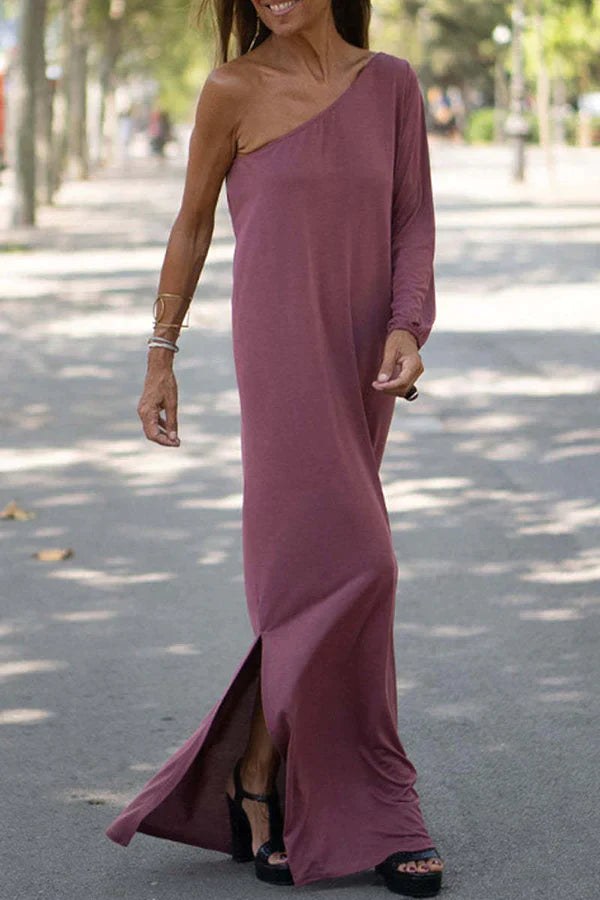 Vera Women's One Shoulder Maxi Dress with Long Sleeve in Pink