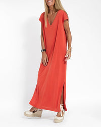 Vera Women's V-Neck Short Sleeve Maxi Dress Side Slit Loose in Black