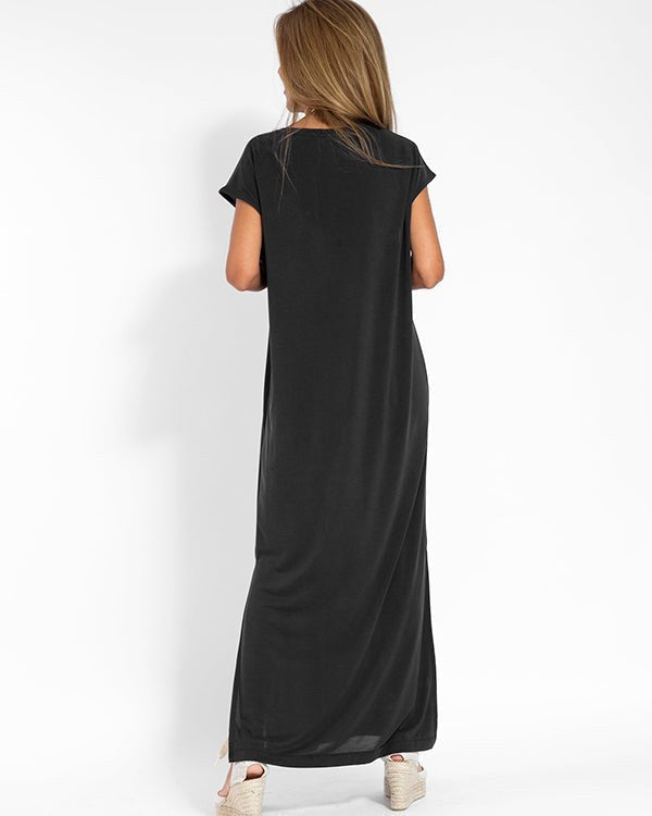 Vera Women's V-Neck Short Sleeve Maxi Dress Side Slit Loose in Black