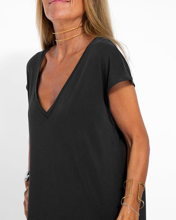 Vera Women's V-Neck Short Sleeve Maxi Dress Side Slit Loose in Black
