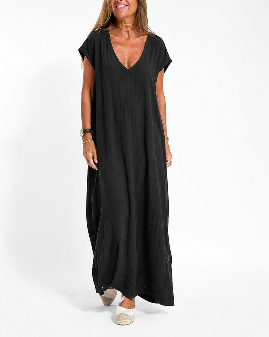Vera Women's V-Neck Short Sleeve Maxi Dress Side Slit Loose in Black